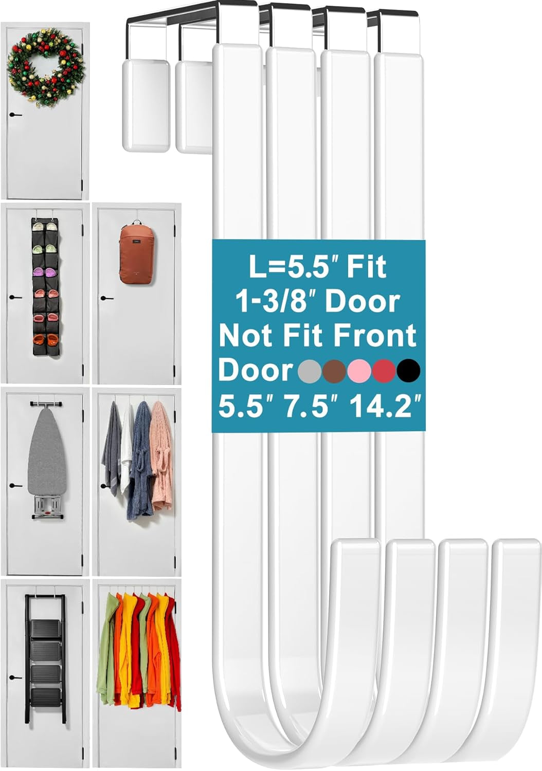 Over-the-Door Hooks - Doors up to 1 3/8", Steel Rubber Coating, Set of 4, 5.5" White, Hanging Towels, Robes, Wreaths, Ironing Boards