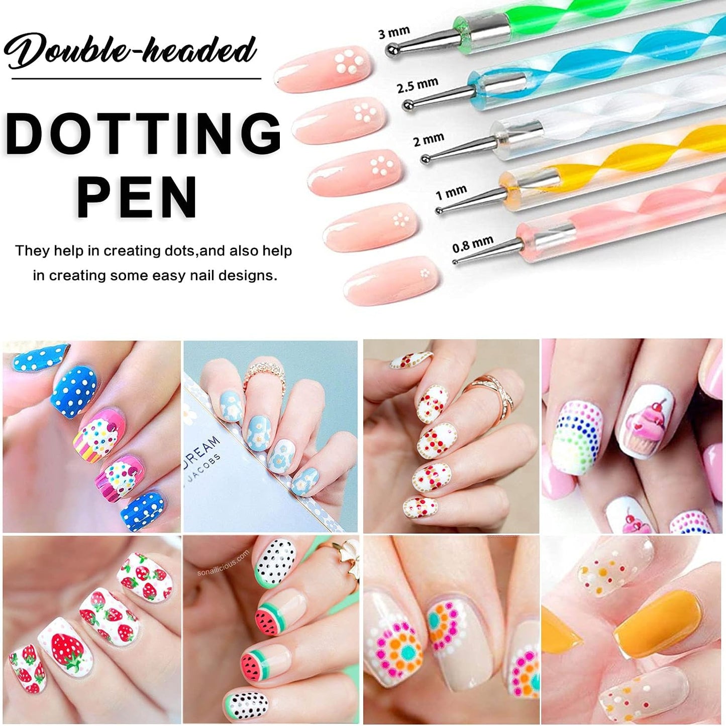 20-Piece Professional Nail Art Design Tools Set: 15 Nail Art Brushes and 5 Dotting Pens in Pink