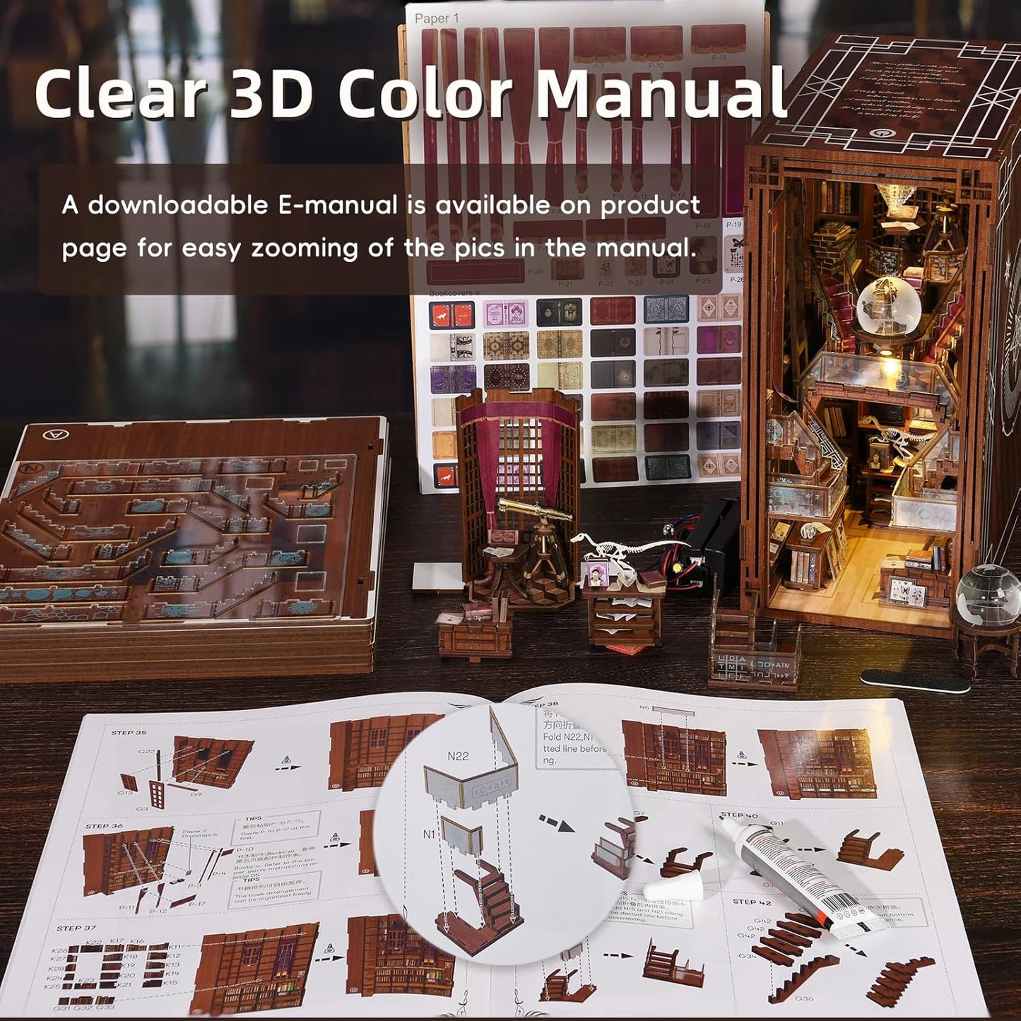 Book Nook Kit, DIY Miniature Dollhouse Booknook Kit, 3D Wooden Puzzle Bookend Bookshelf Insert Decor with LED Light for Teens and Adults (Beyond Library)