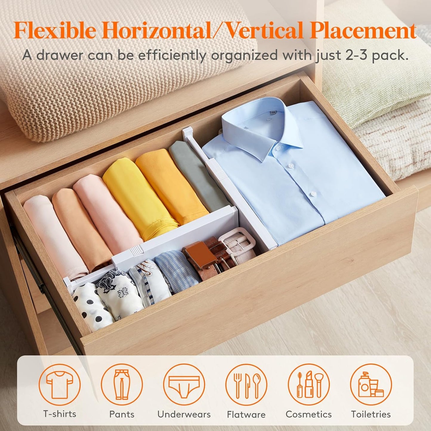 5 Pack Drawer Dividers Plastic 4" High, 11-17" Adjustable Closet Vanity Organizers - Expandable Separators - Storage