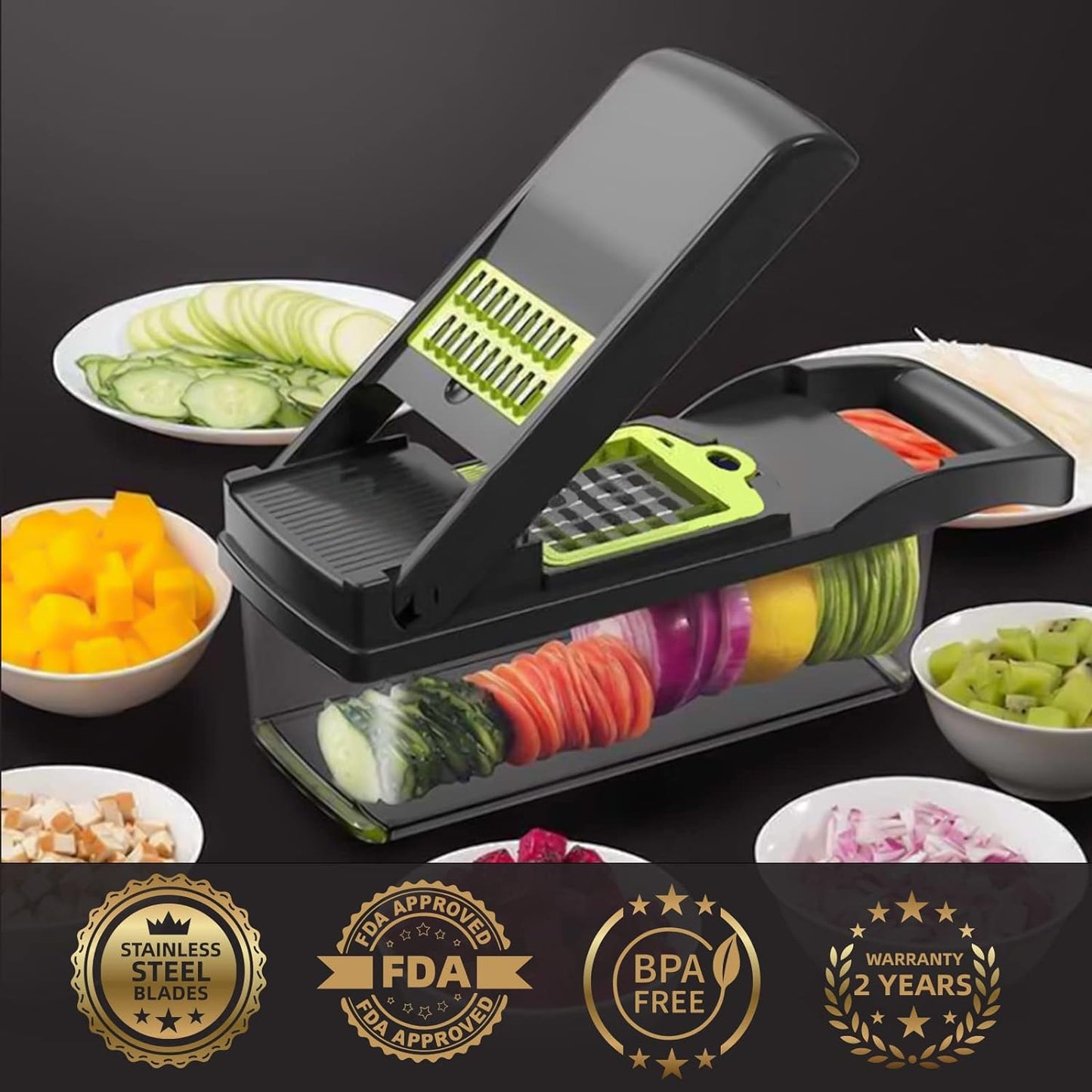Multifunctional 13-in-1 Vegetable Chopper and Slicer with Container, 8 Interchangeable Blades, Hand Protector, Drain Strainer, and Cleaning Brush