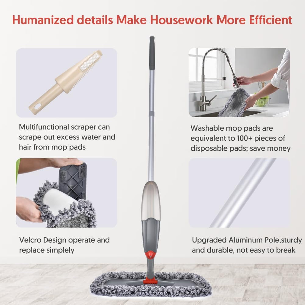 Spray Mop for Floor Cleaning - Microfiber Dry/Wet Mop with 3 Washable Pads & 435ML Refillable Bottle, Ideal for Hardwood, Laminate, and Tile Floors, Gray