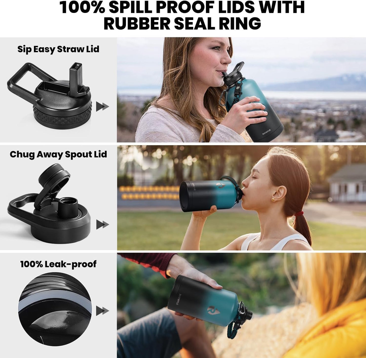 64 Oz Insulated Water Bottle - Triple Wall Vacuum Stainless Steel, Cold Retention for 48 Hours, Leak Proof & BPA-Free, Half Gallon Flask with Paracord Handle & Straw Spout Lids, Indigo/Black