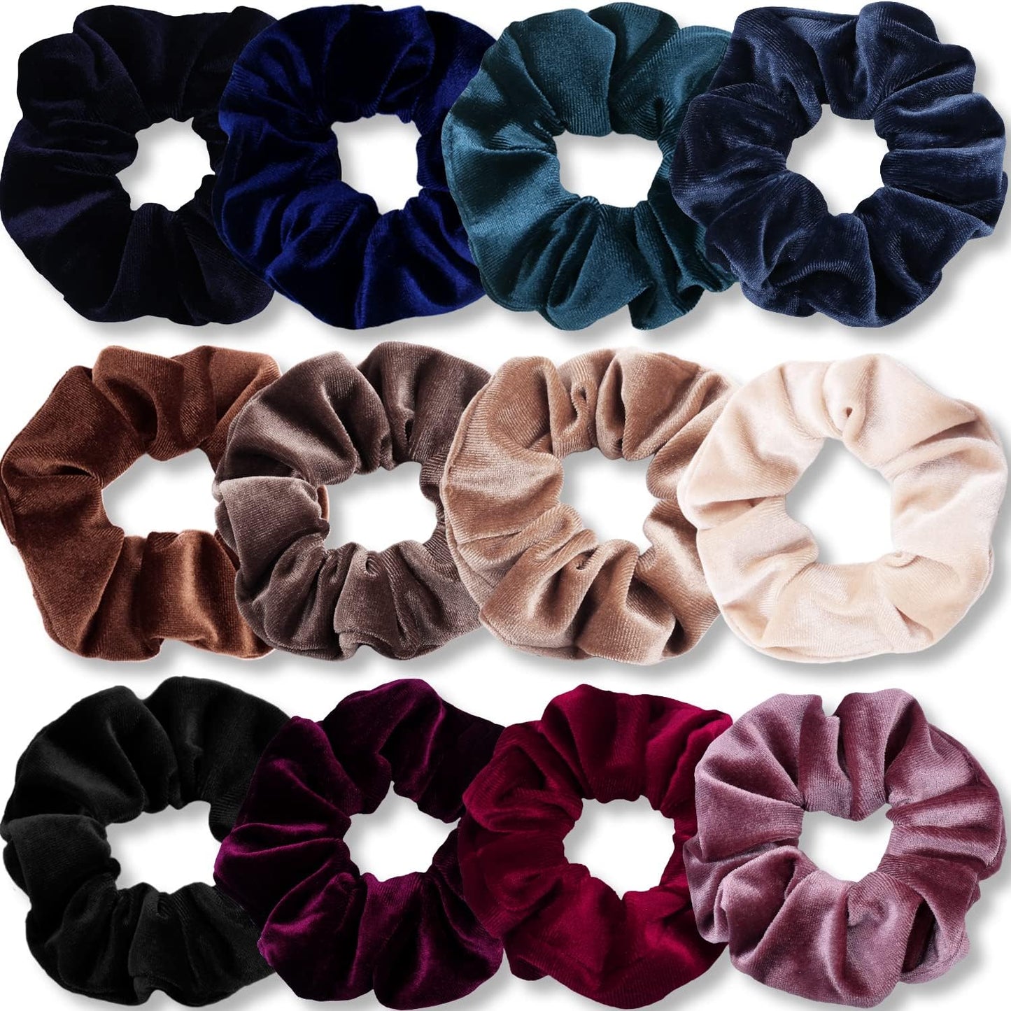 Velvet Scrunchies for Women - 12 Pack of Classic Dark Color Elastic Hair Ties, Soft Ponytail Holders and Accessories