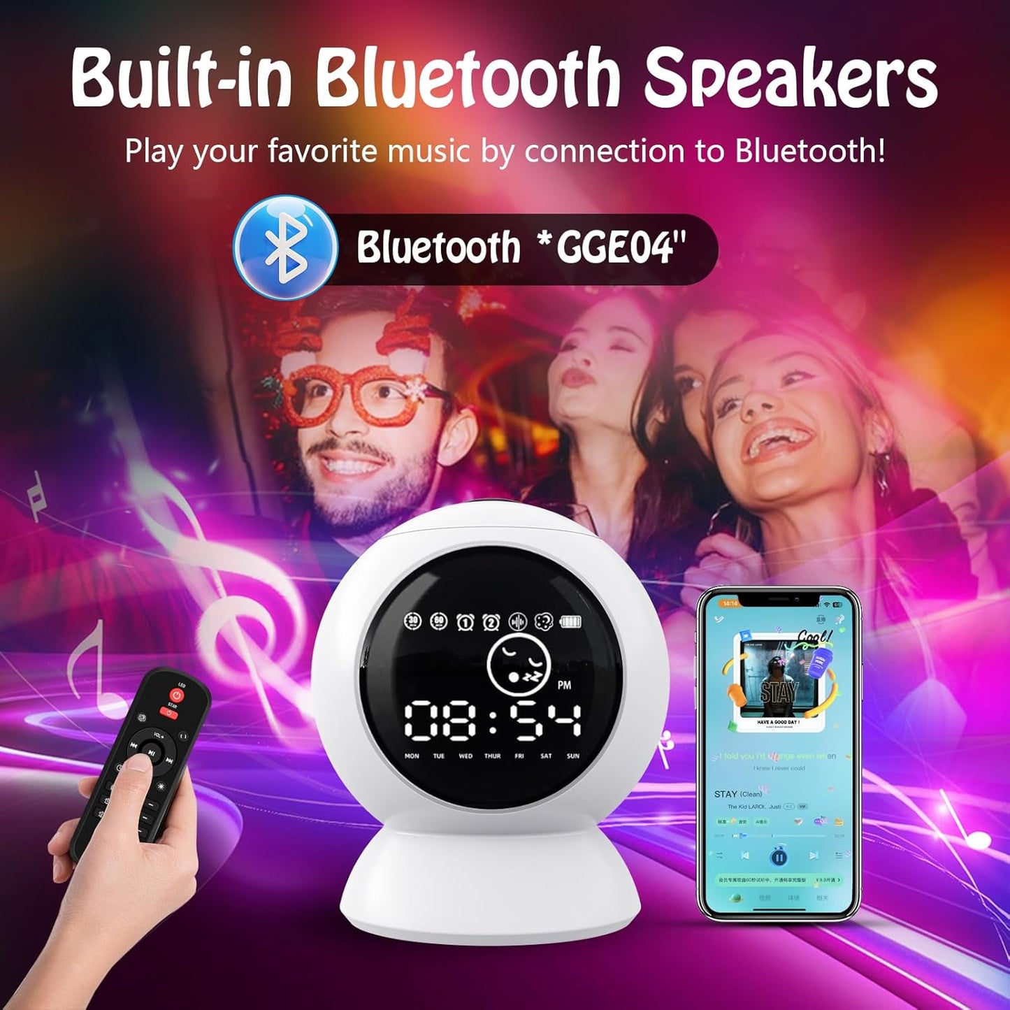LED Star Projector Alarm Clock - Bluetooth Speaker, White Noise, Timer, Remote Control - Rechargeable Galaxy Night Light