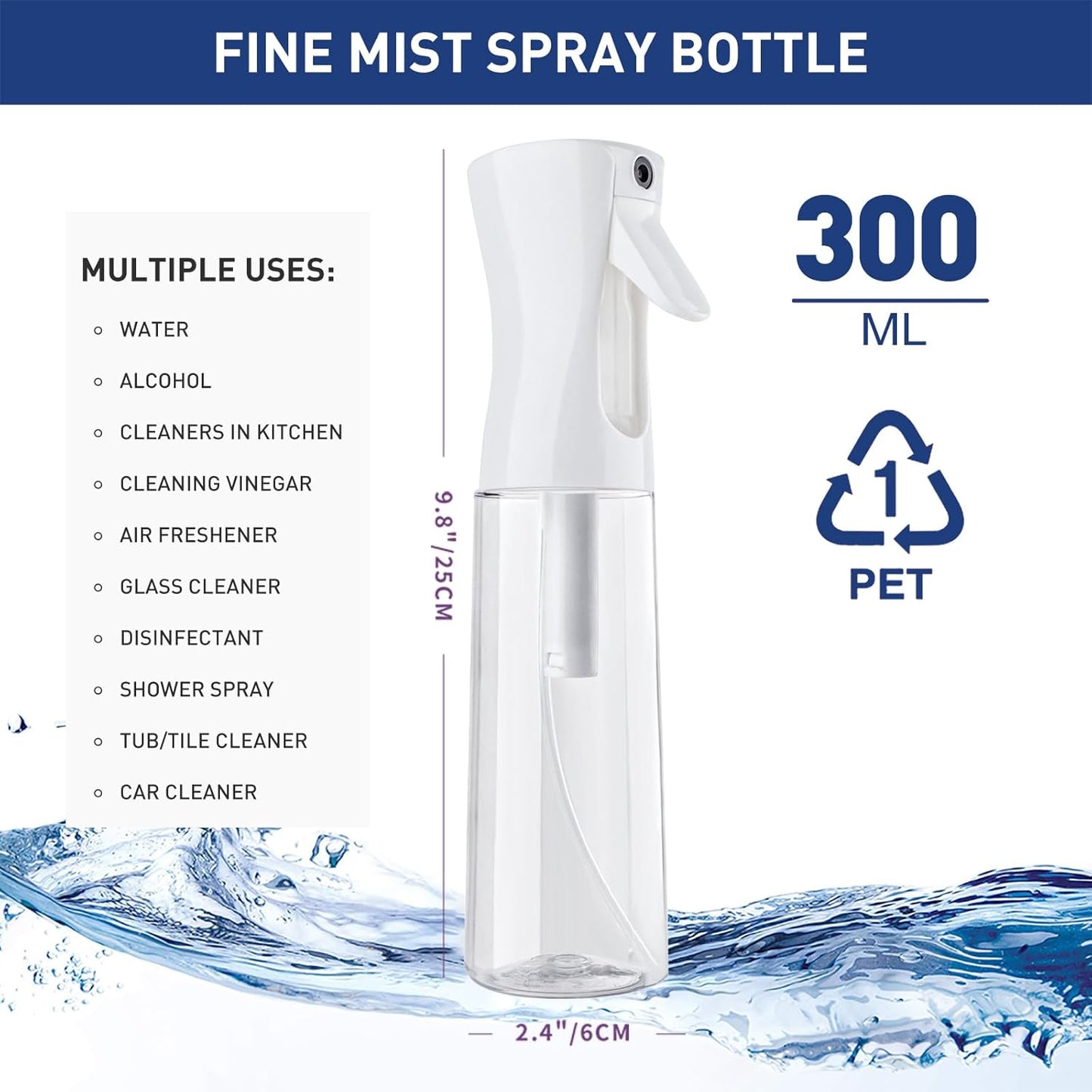 Continuous Fine Mist Spray Bottle - 300ml Clear - Ideal for Hair Styling, Plant Care, and Cleaning Solutions
