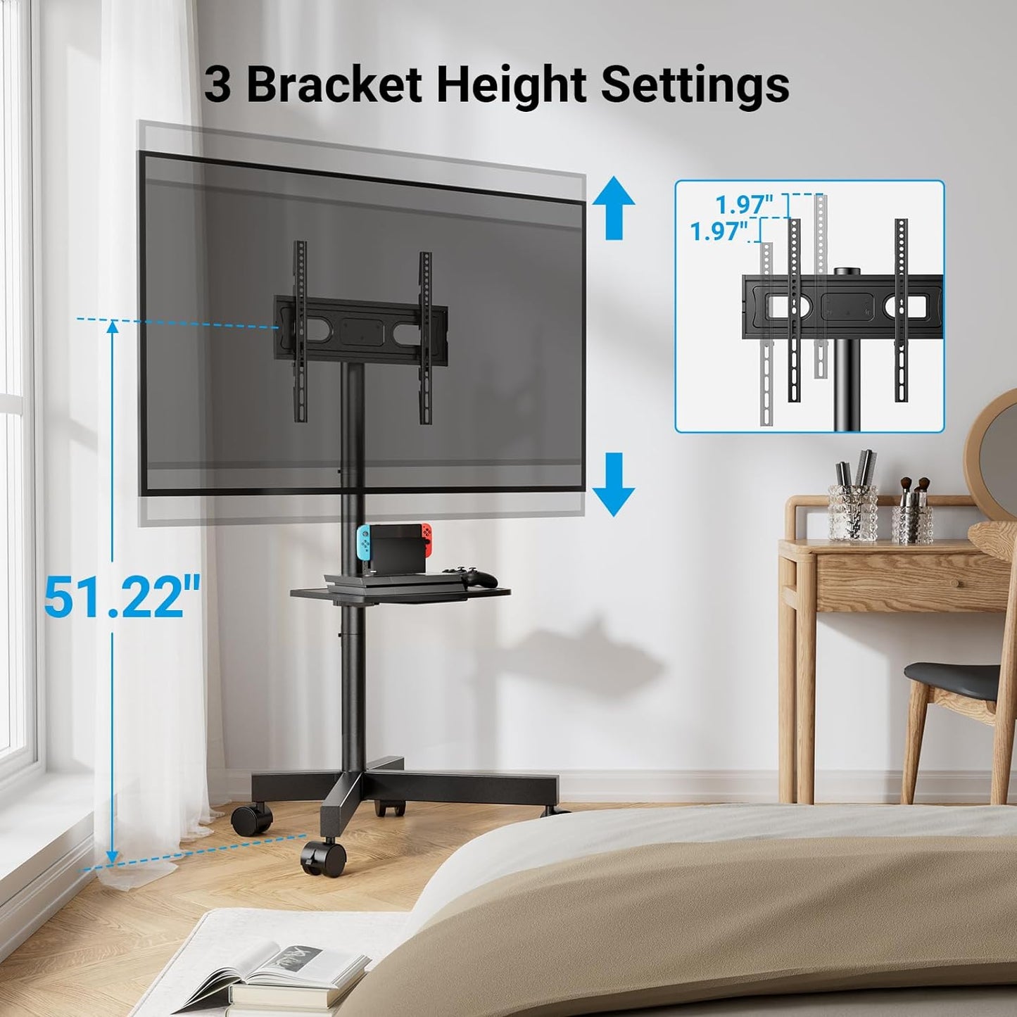 Mobile TV Cart for 23-60 Inch Screens Up to 88 lbs, VESA 400x400, Tilting Stand with Height Adjustable Laptop Shelf, Rolling Floor Stand