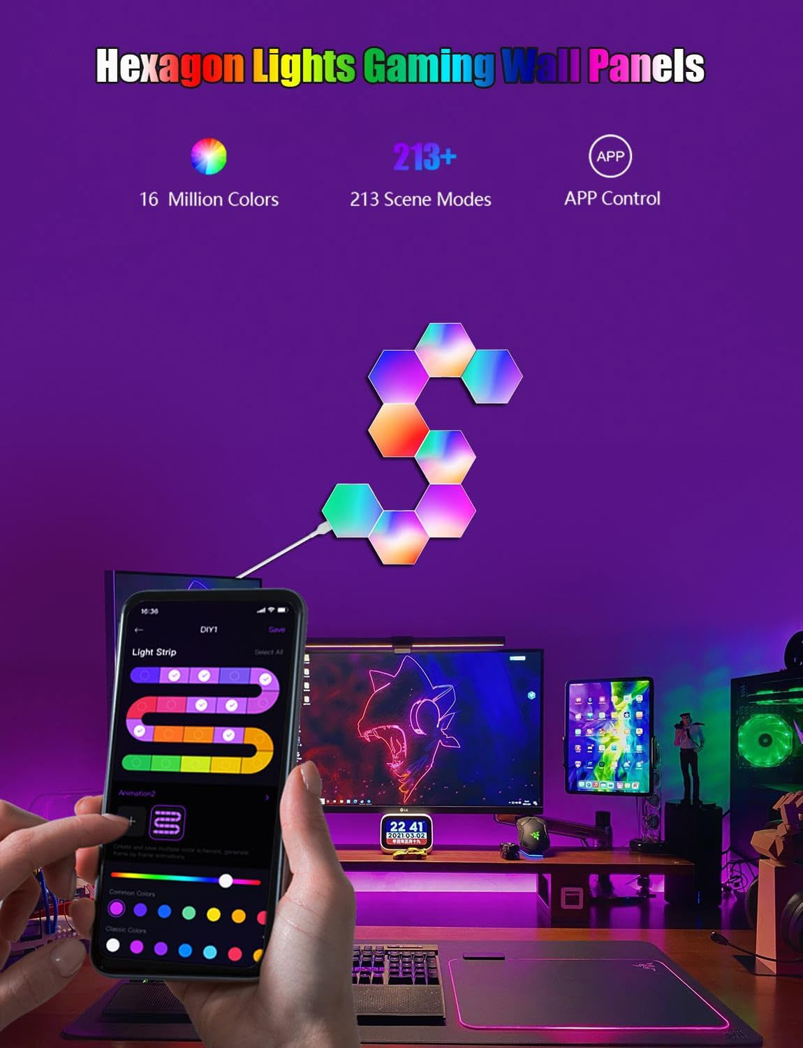 Hexagonal Modular RGB Wall Lights with Smart App and Remote Control - DIY Music Sync LED Panels for Bedroom and Children's Room Decor (Set of 8)