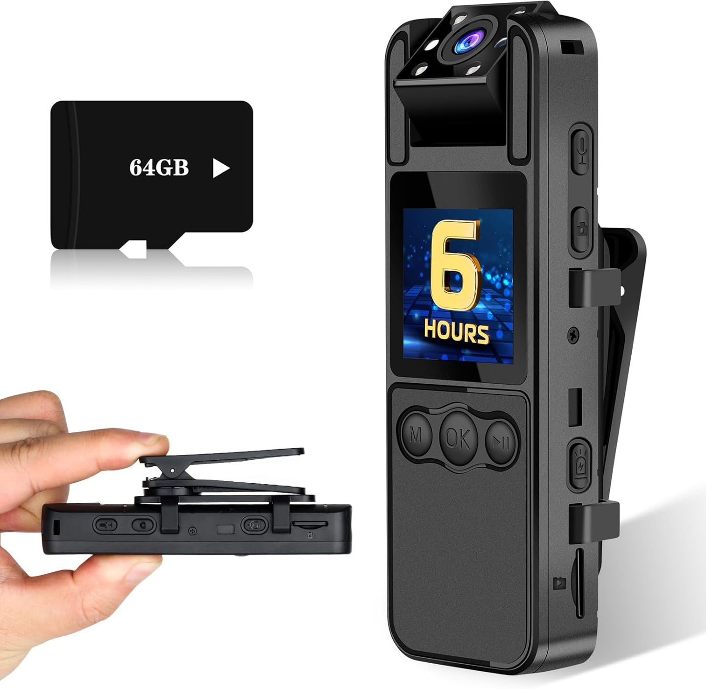 Professional Body Camera with Audio and Video Recording, 6-Hour HD 1296P, 180° Rotating Lens, Night Vision, 64GB Storage, Compatible with iPhone, Android, Mac, and Windows PC