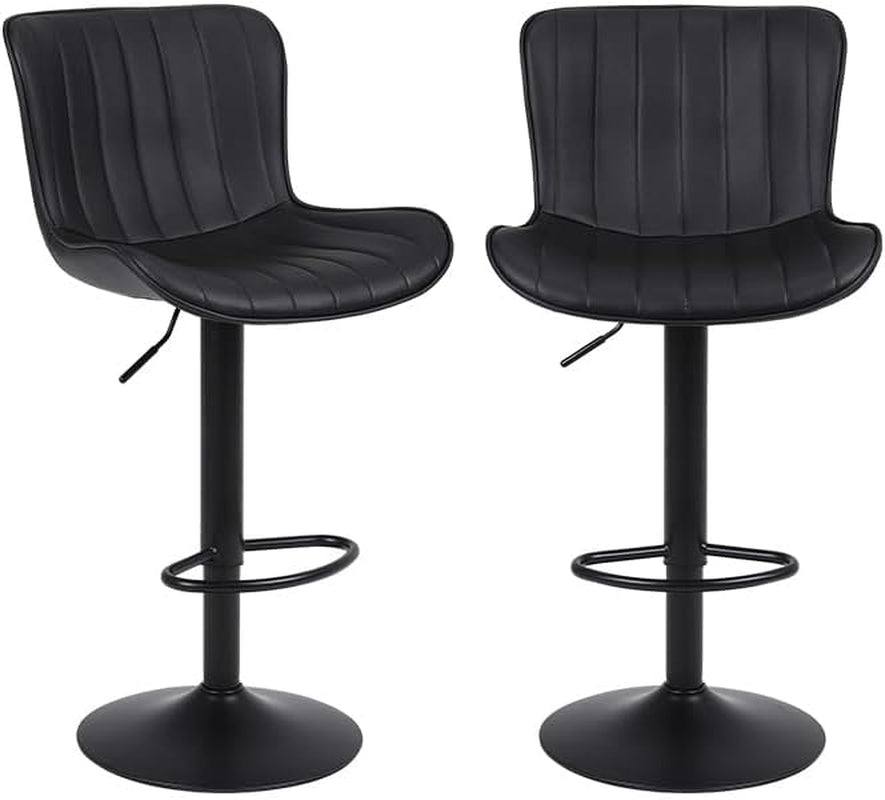 Set of 2 Adjustable Height Swivel Bar Stools in Black Bonded Leather with Backrest and Stability Features