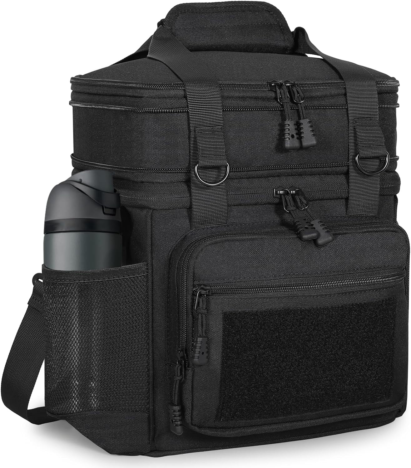 Expandable Tactical Insulated Lunch Box - Double Deck Large Durable Leakproof Cooler Bag for Men and Adults, Black, 16L