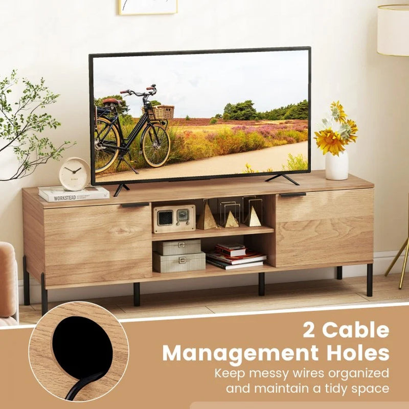 2-Door TV Stand with Integrated Charging Station and Open Shelving for TVs up to 65 Inches