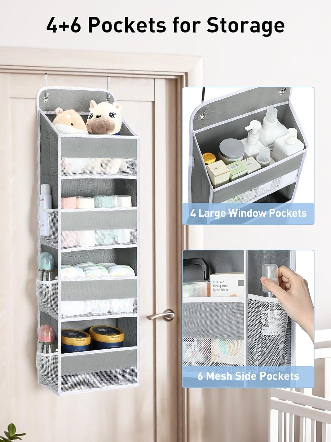 Over-the-Door Organizer for Nursery: Heavy-Duty Diaper Storage with 4 Large Pockets and 6 Mesh Pockets, Supports Up to 35.2 lbs