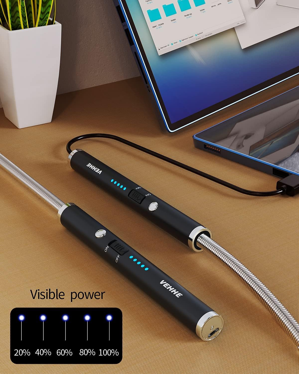 USB Rechargeable Electric Lighter with 360° Flexible Neck and LED Display, Flameless and Windproof, Ideal for BBQ, Camping, and Fireworks