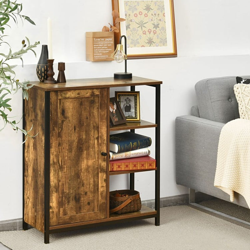 Freestanding Multi-Functional Storage Cabinet with Three Open Shelves and Doors