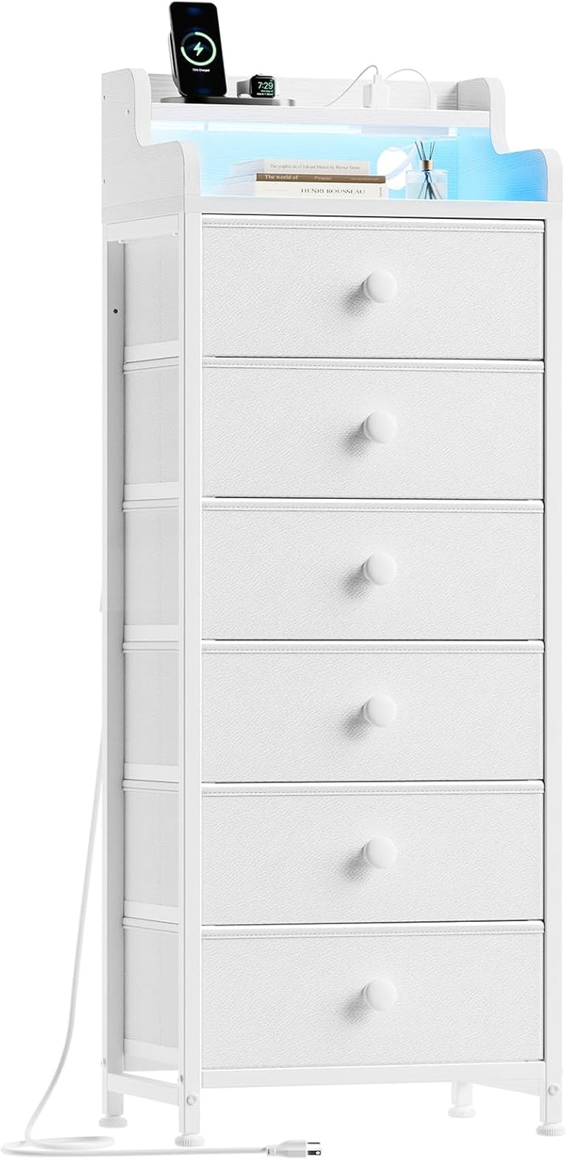 Elegant White Bedroom Dresser - Integrated Charging Station, LED Lighting, Durable Steel Frame, Wood Top - Leather White Finish