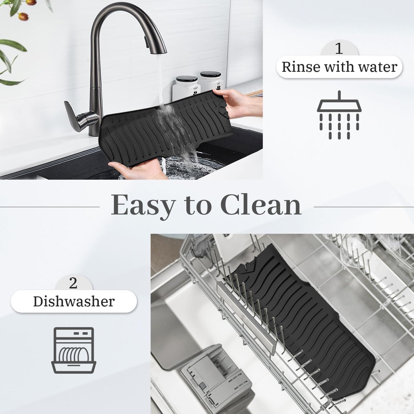 30-Inch Silicone Kitchen Sink Splash Guard and Draining Mat, Extra Long Faucet Drainer Pad, Sink Protector Accessories - Black