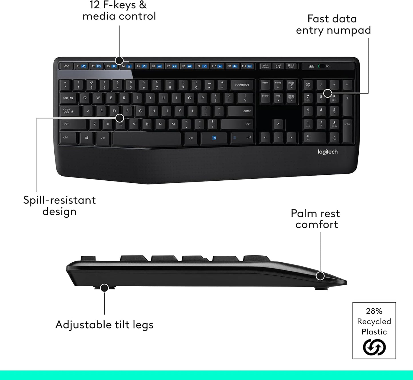 MK345 Wireless Combo Full-Sized Keyboard with Palm Rest and Comfortable Right-Handed Mouse, 2.4 Ghz Wireless USB Receiver, Compatible with PC, Laptop,Black
