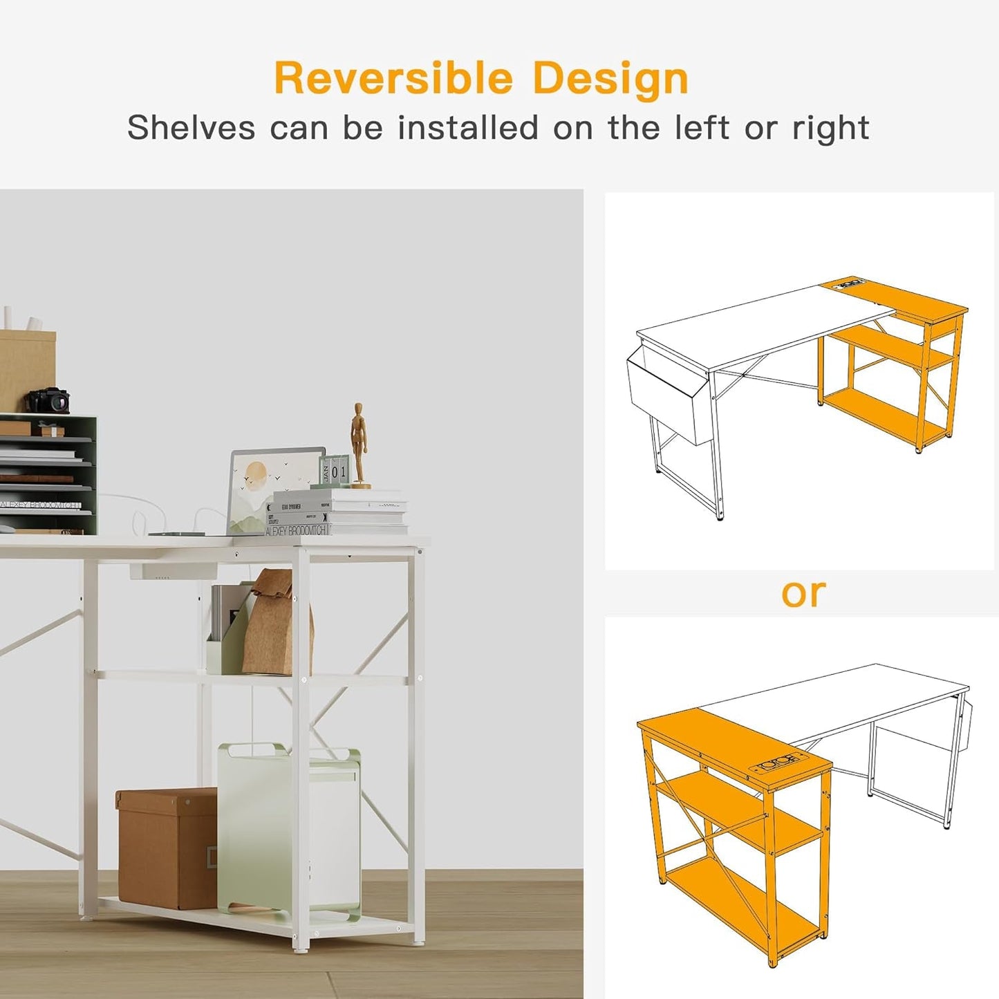 L-Shaped Computer Desk with Power Outlets, 40-Inch Reversible Shelves - Gaming and Home Office Use in Small Spaces, White