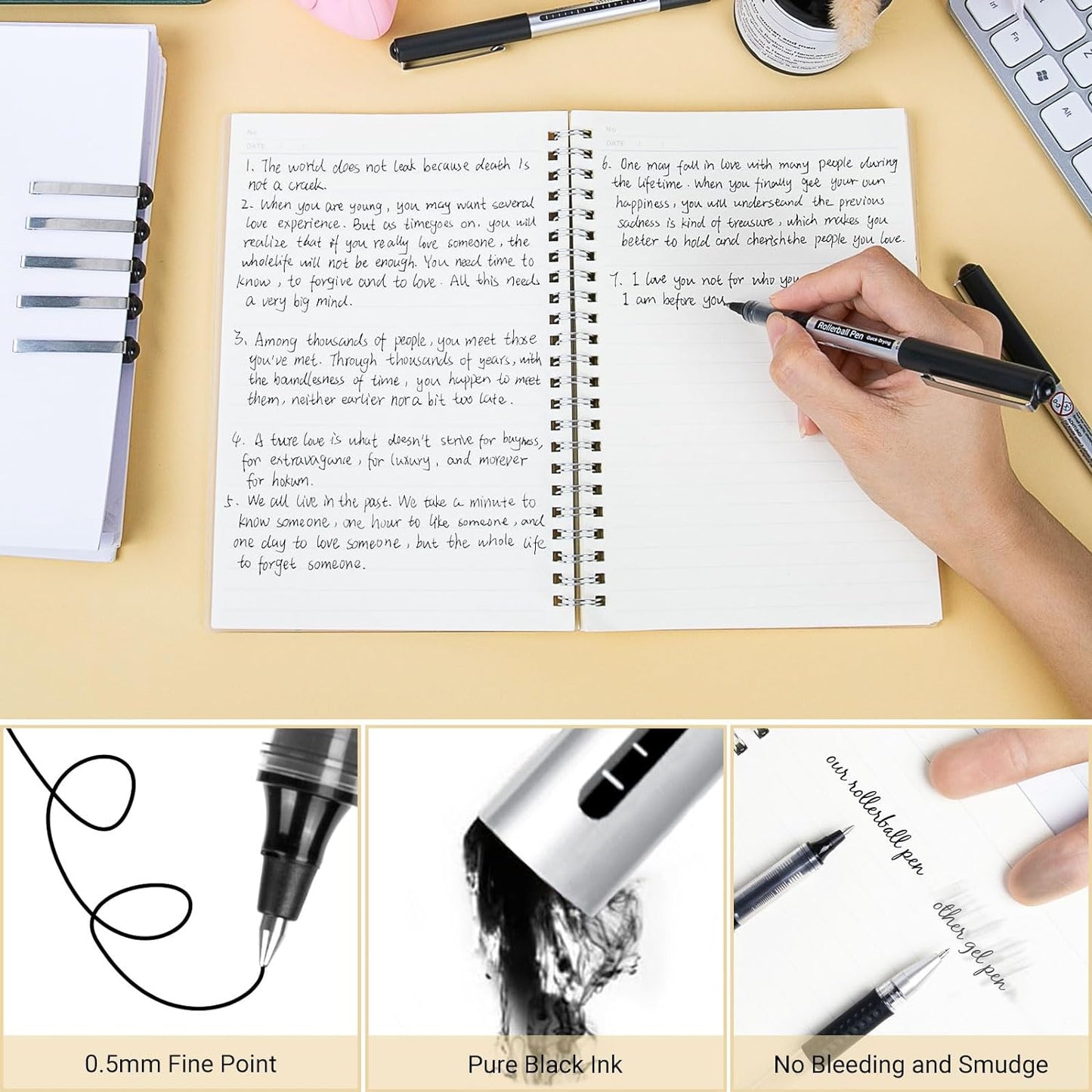 Rollerball Pen Fine Point Pens: 16 Pack 0.5Mm Extra Thin Ink Pens Ballpoint Pens Gel Liquid Black Ink, Gel Pens Black Writing Pens for Note Taking, Journaling, Signature, School, Office Supplies