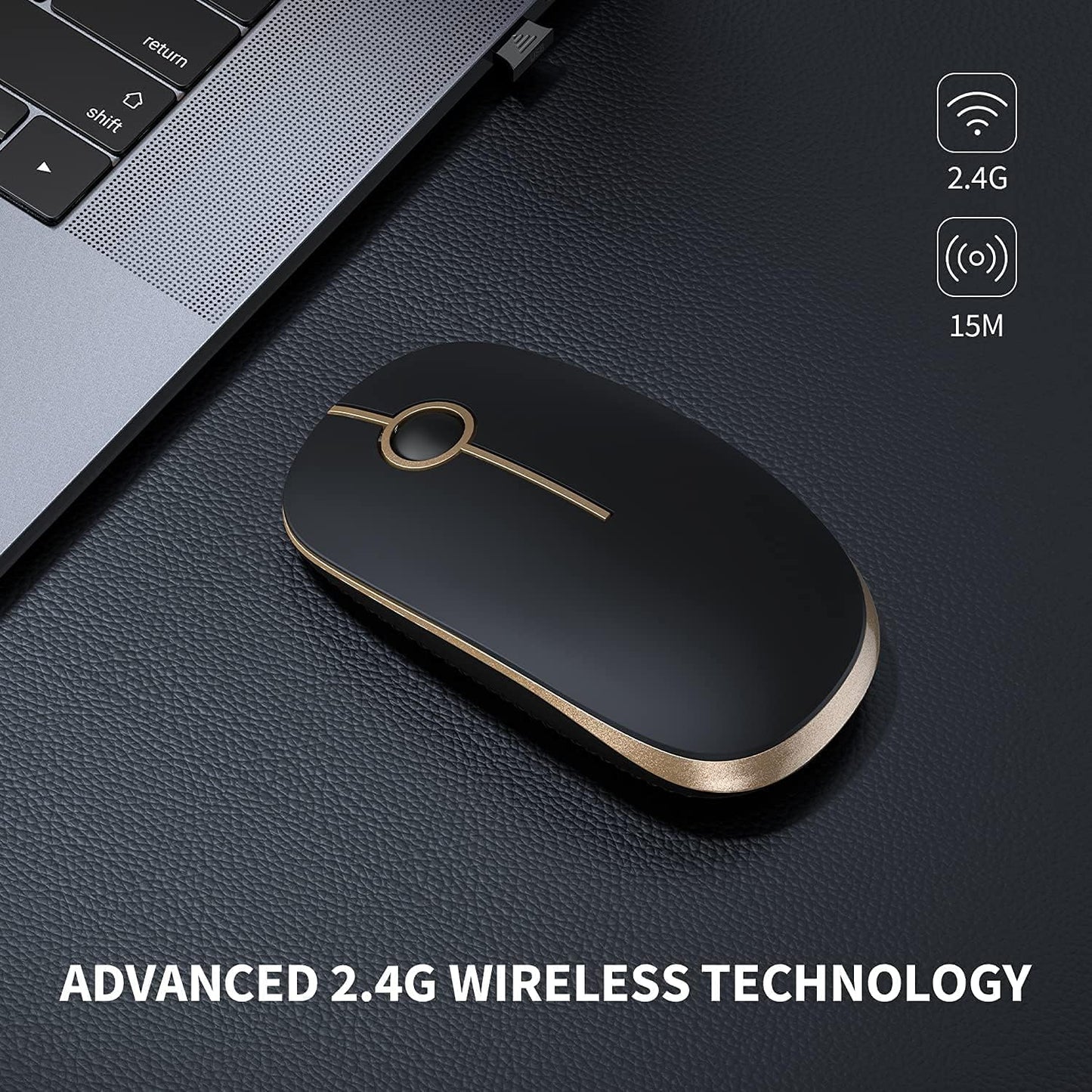 Wireless Mouse, 2.4G Slim Portable Computer Mice with Nano Receiver for Notebook, PC, Laptop, Computer-Gold and Black