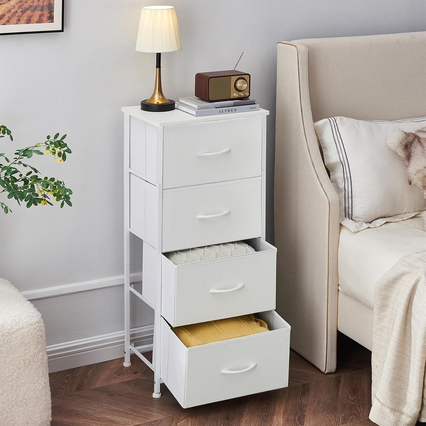 Tall Dresser for Bedroom, 4 Drawer Storage Organizer Chest of Drawers with Removable Fabric Bins - White Leather
