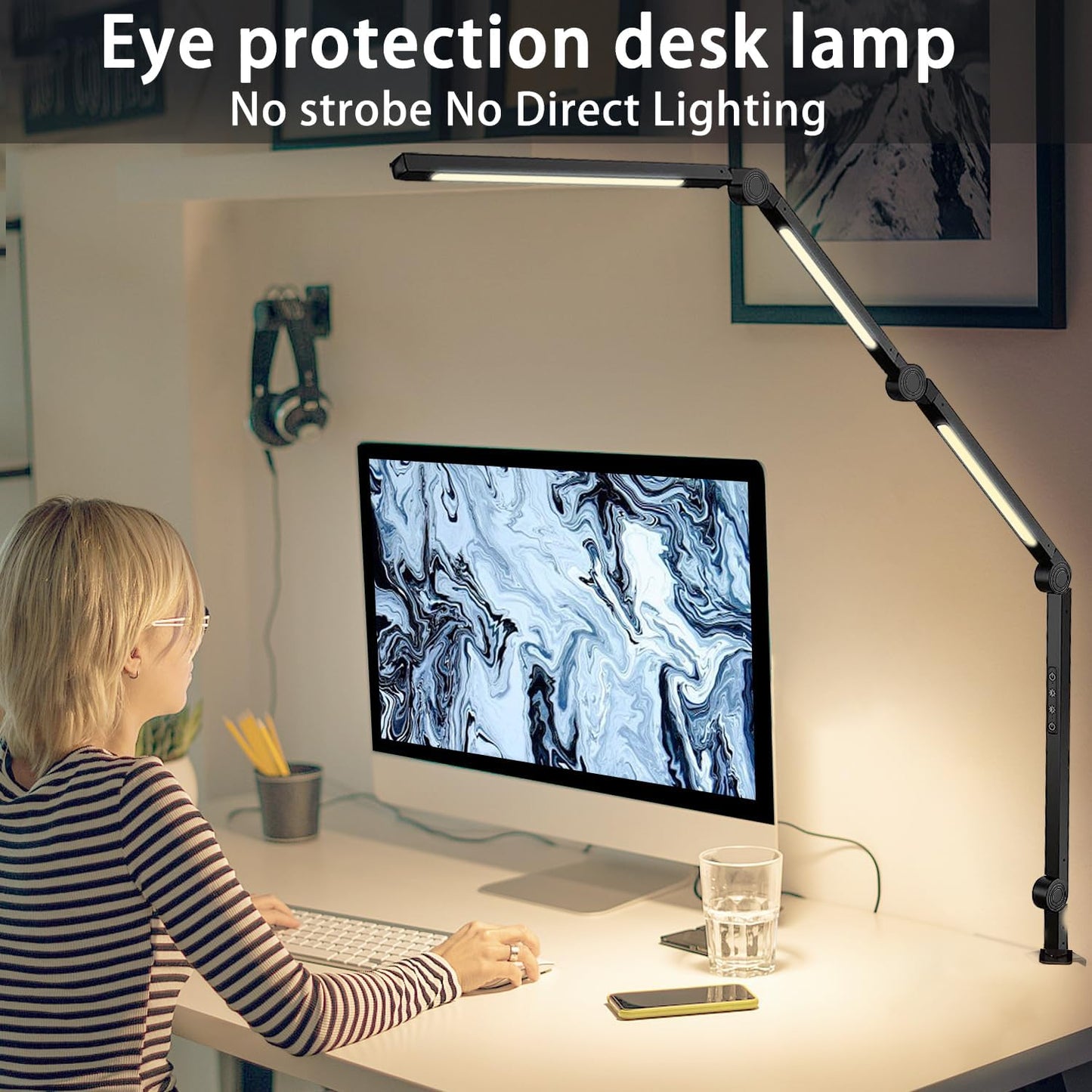 LED Desk Lamp with Clamp, Flexible 4-Section Swing Arm, Three Light Sources, 4 Color Modes, 5 Brightness Levels, Memory Function