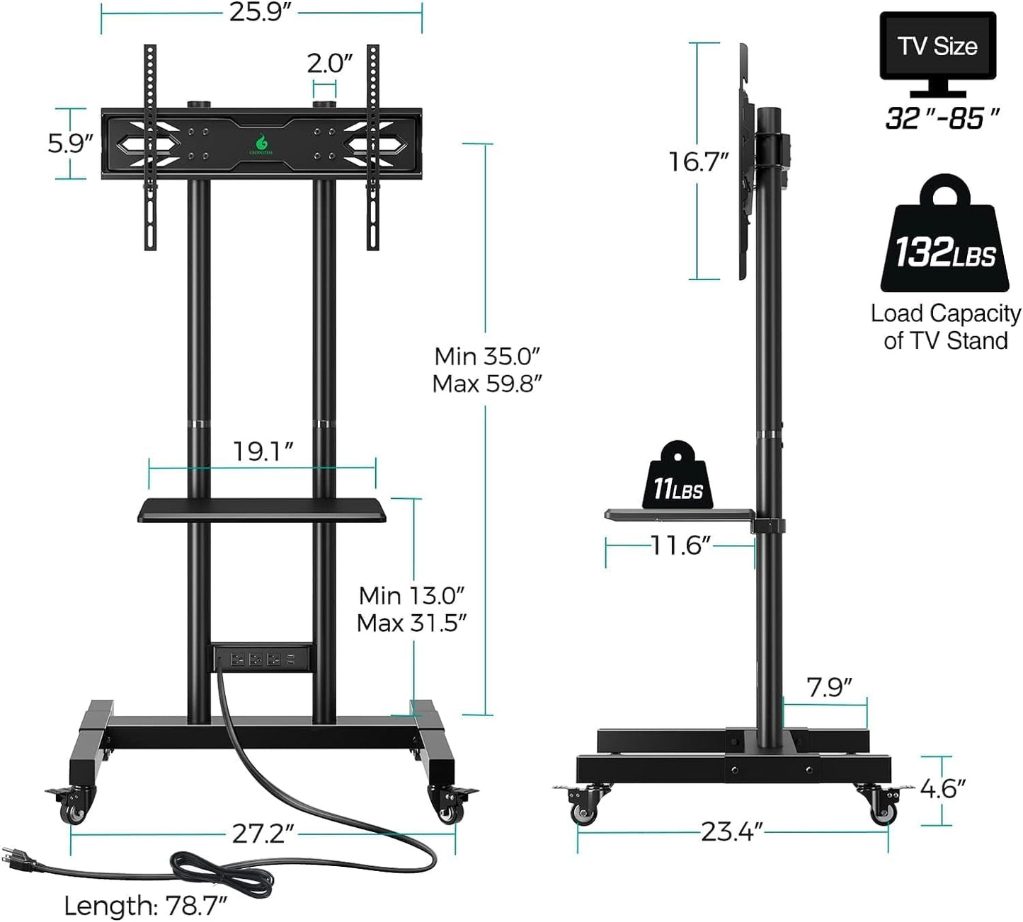 Mobile TV Cart with Power Outlet for 32-85 Inch Flat and Curved Screens Up to 132 lbs, Height Adjustable Rolling Stand with AV Shelf, Max VESA 600x400mm