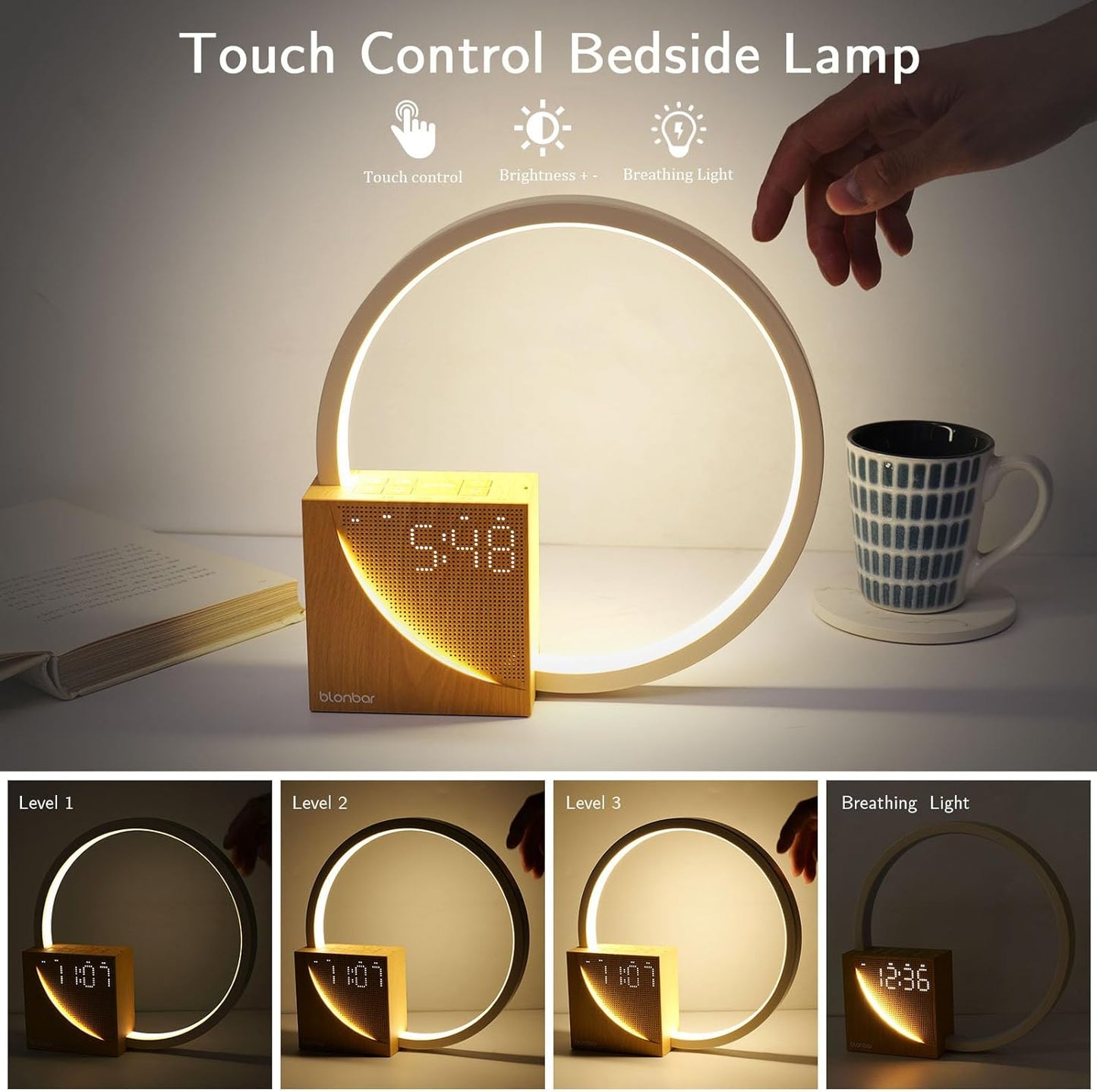 Sunrise Alarm Clock Bedside Lamp with Touch Control, 10 Natural Sounds, and Adjustable Brightness for Bedroom and Living Room