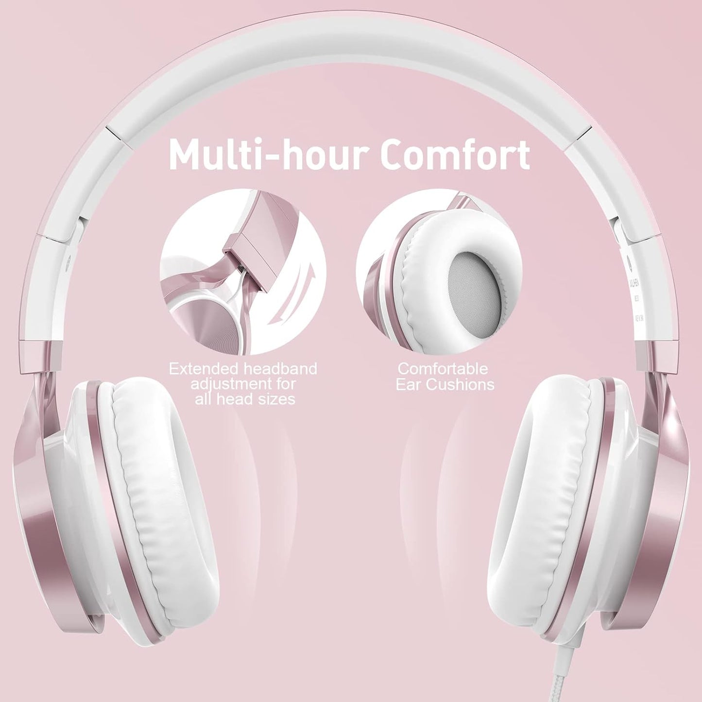 Rose Gold Wired On-Ear Headphones for Kids with Microphone, Adjustable and Foldable Design, Tangle-Free, Compatible with Chromebook and Laptop (3.5mm Jack)