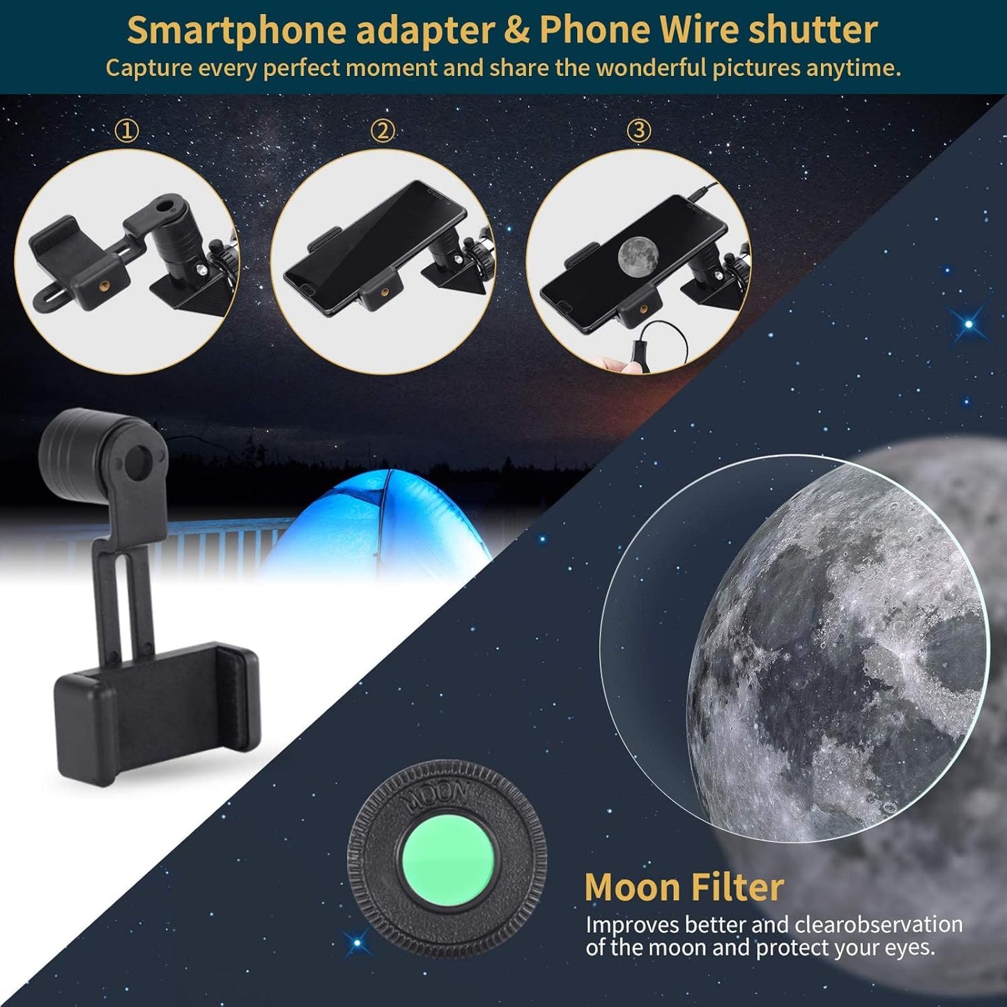 Astronomy Telescope for Kids and Beginners - 150X Magnification, 70mm Aperture, 300mm Refractor - Adapter, Shutter, Filter, Case.