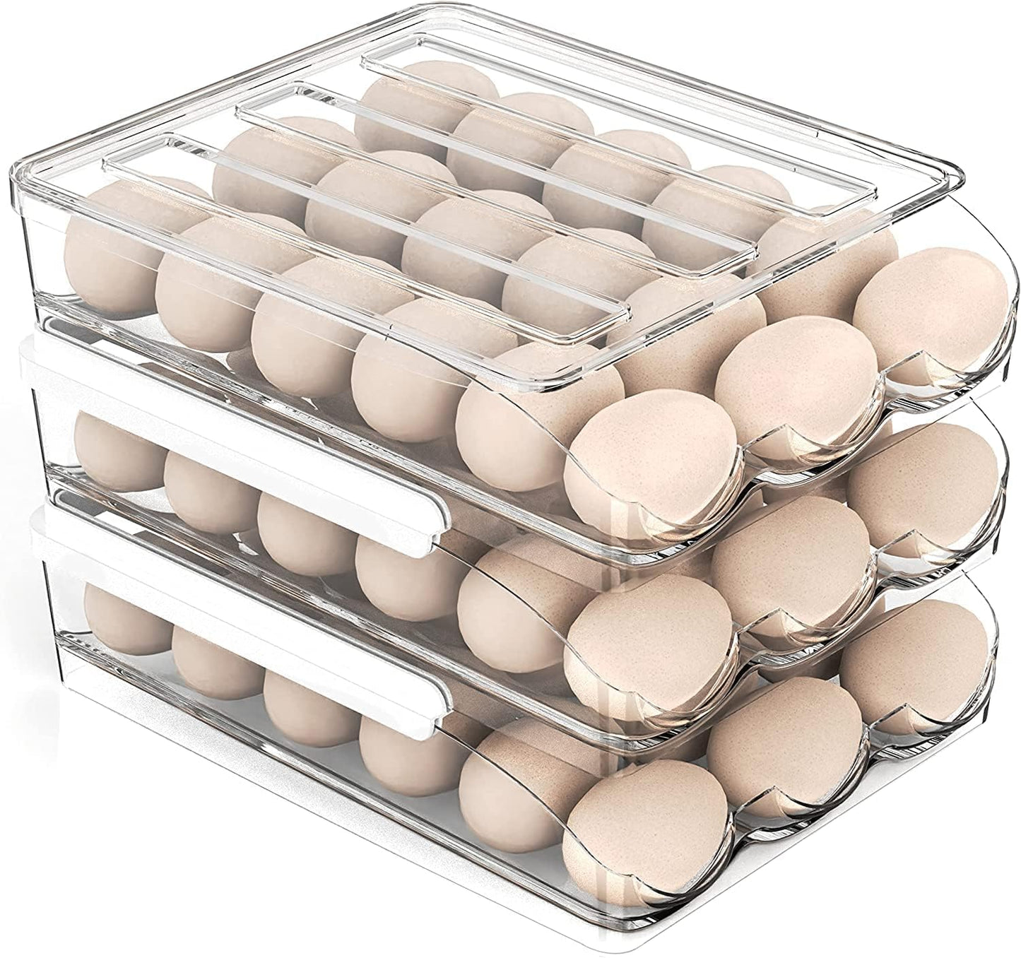 Large Capacity Egg Storage Organizer for Refrigerator with Lids, Auto Rolling Egg Container Tray, 2-Layer Fridge Storage