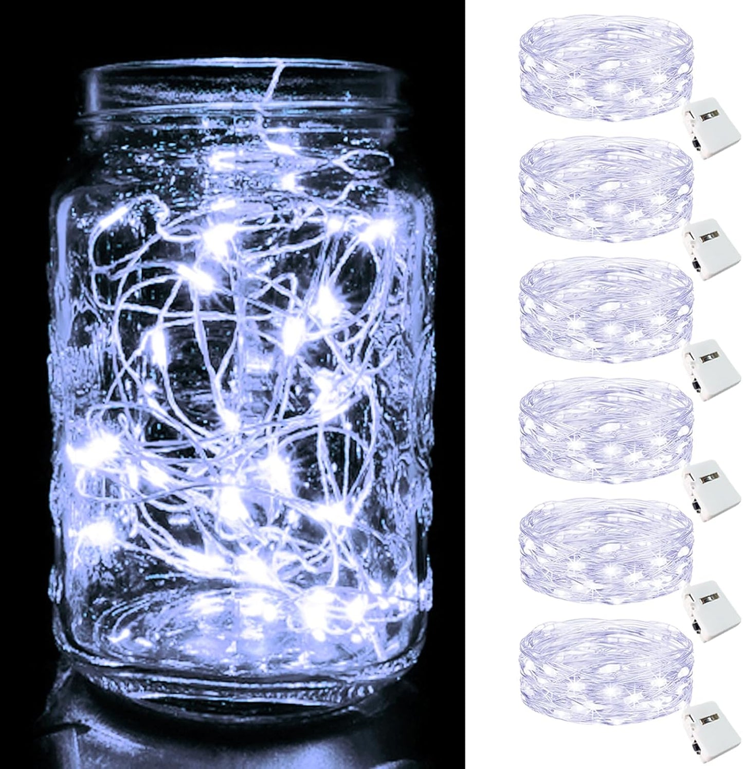 12-Pack 7FT 20LED Battery-Powered Fairy Lights with 3 Modes - Waterproof Silver Wire Mini String Lights for Indoor Mason Jar DIY, Wedding, and Christmas Decor in Warm White