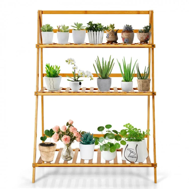 Foldable 3-Tier Bamboo Plant Stand Display Shelf for Balconies