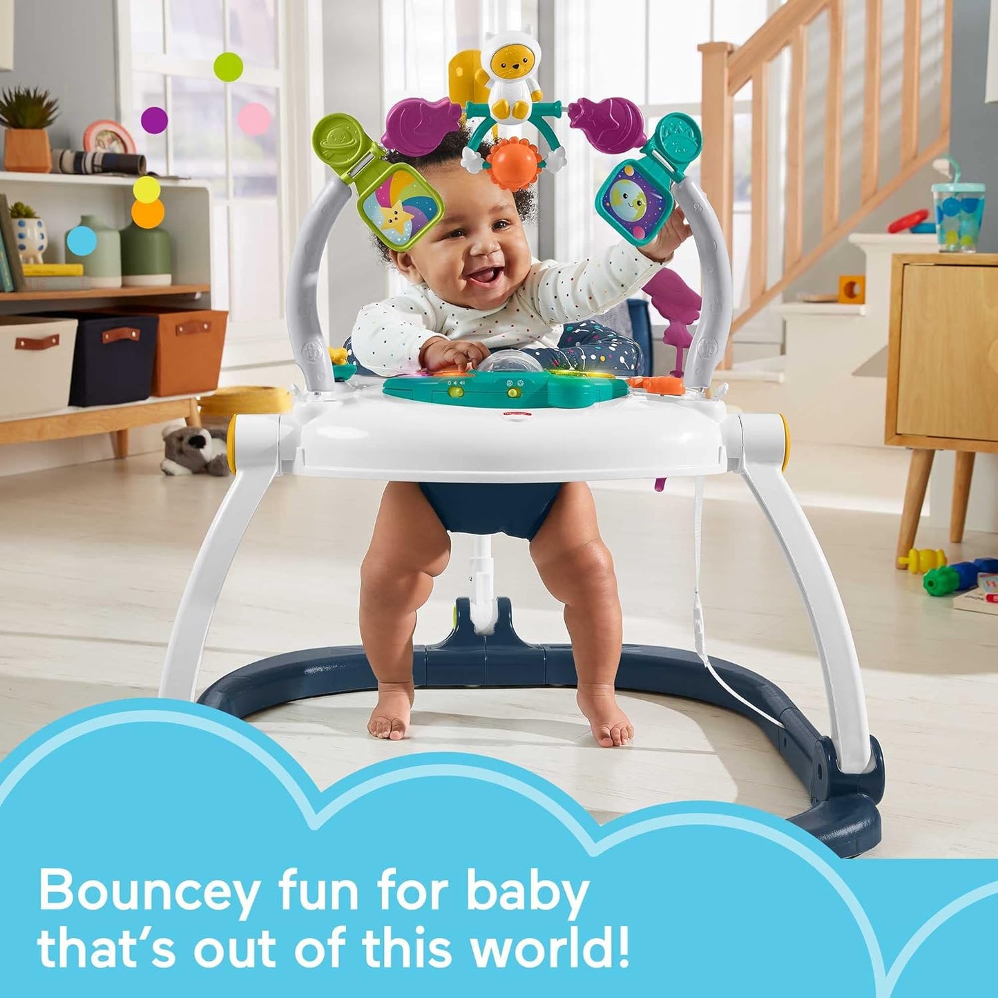 Astro Kitty Baby Bouncer and Activity Center with Lights, Sounds, and Space-Saving Folding Frame