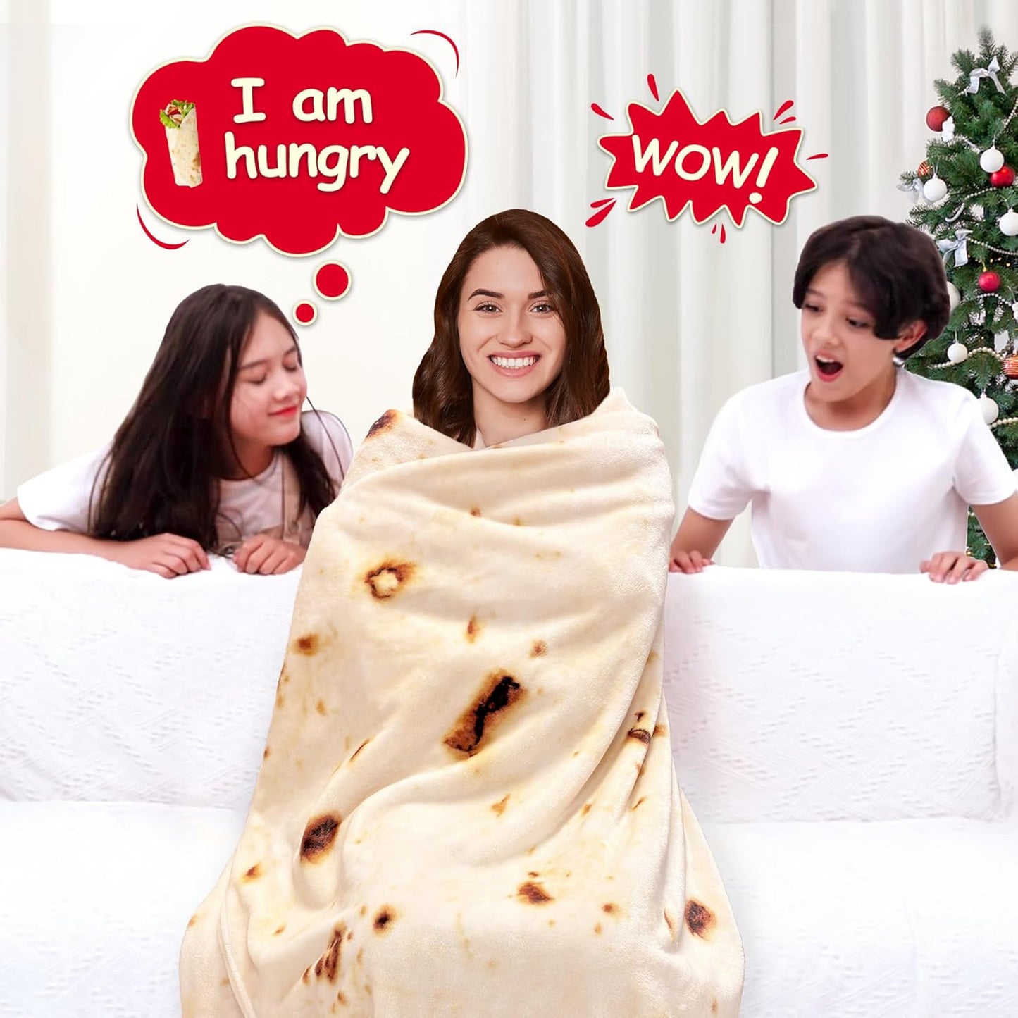 Burritos Tortillas Blanket 2.0 Double Sided 71 Inches, Throw Blankets, 285 GSM Novelty Soft Flannel Taco Blanket (Yellow Blanket-Double Sided)