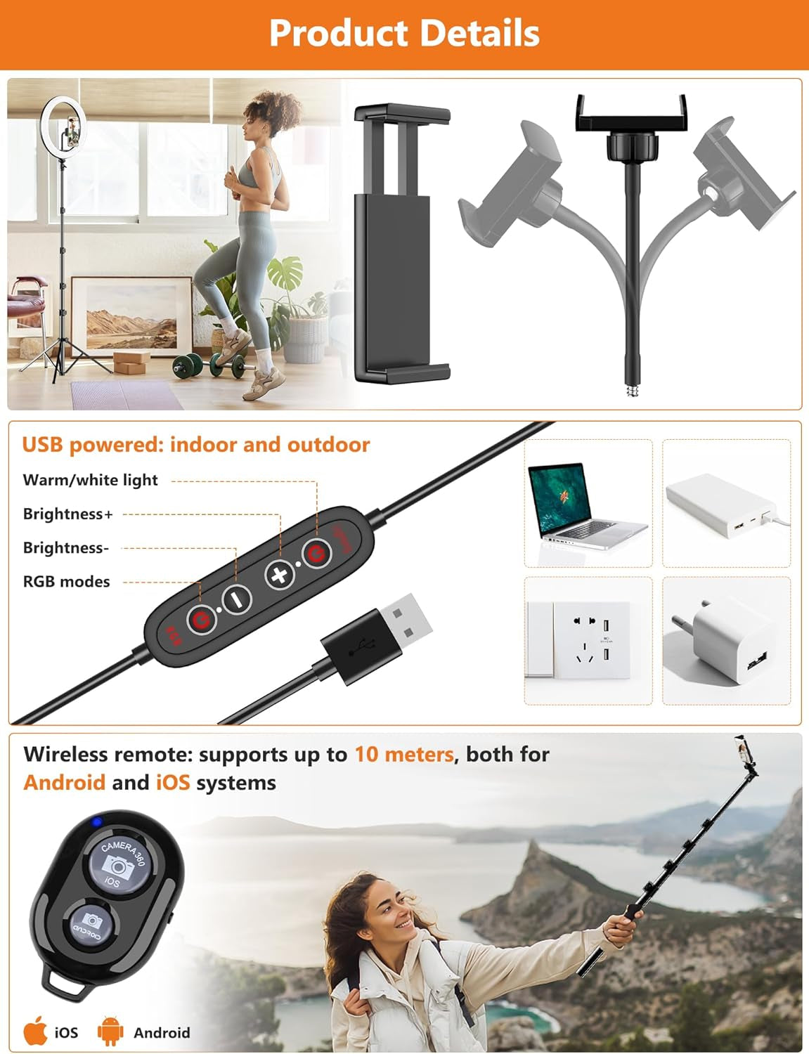 12-Inch Dimmable LED Ring Light with 73-Inch Tripod Stand and Desk Mount, Featuring 38 Color Modes and Phone Holder