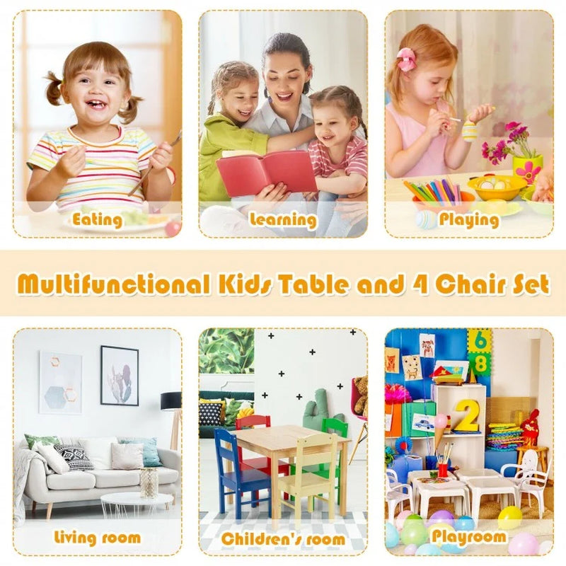 5 Pieces Kids Pine Wood Table Chair Set