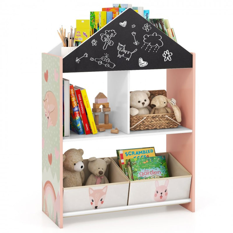 Children's Playhouse Bookshelf with Integrated Chalkboard and Whiteboard for Ages 3-6