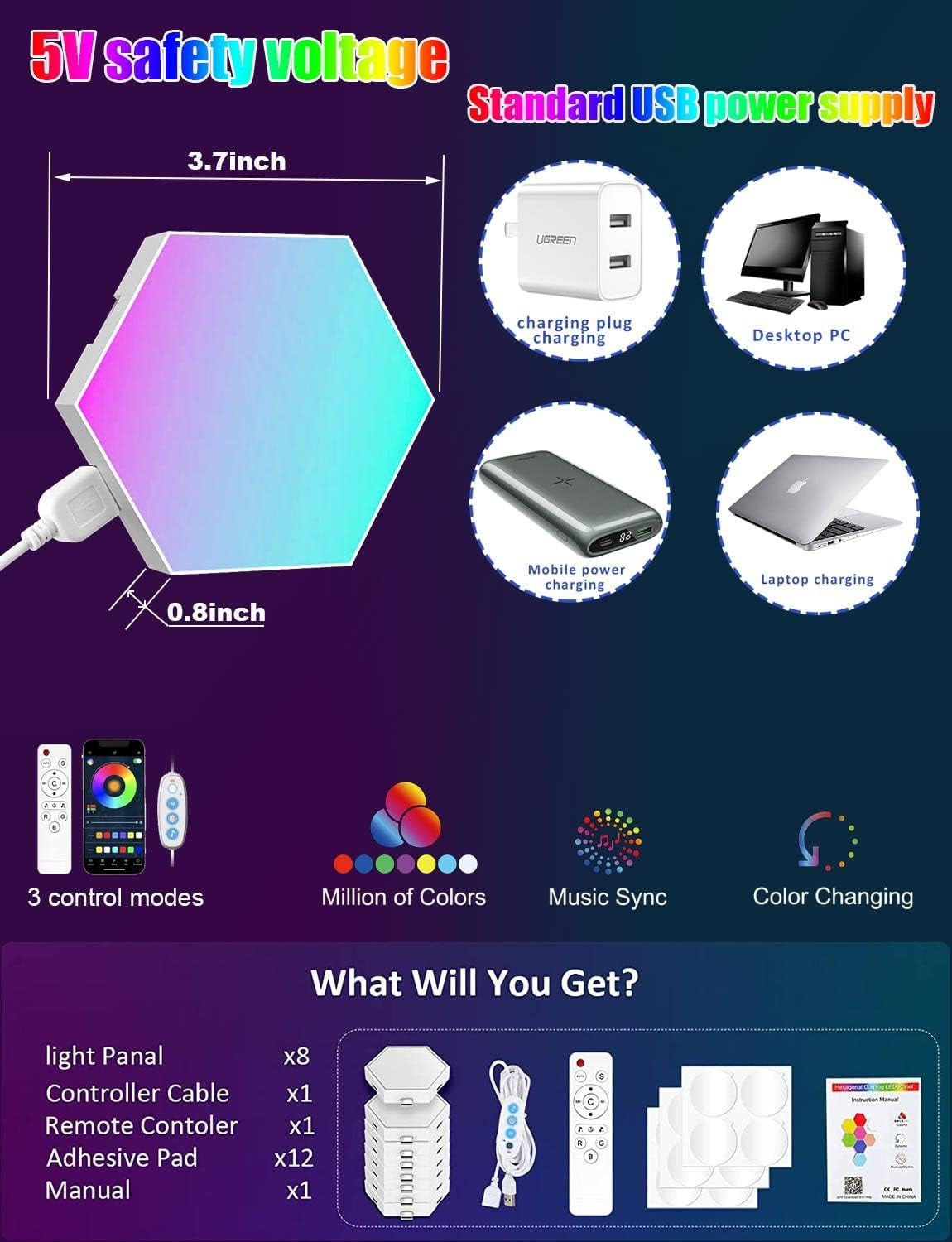 Hexagonal Modular RGB Wall Lights with Smart App and Remote Control - DIY Music Sync LED Panels for Bedroom and Children's Room Decor (Set of 8)