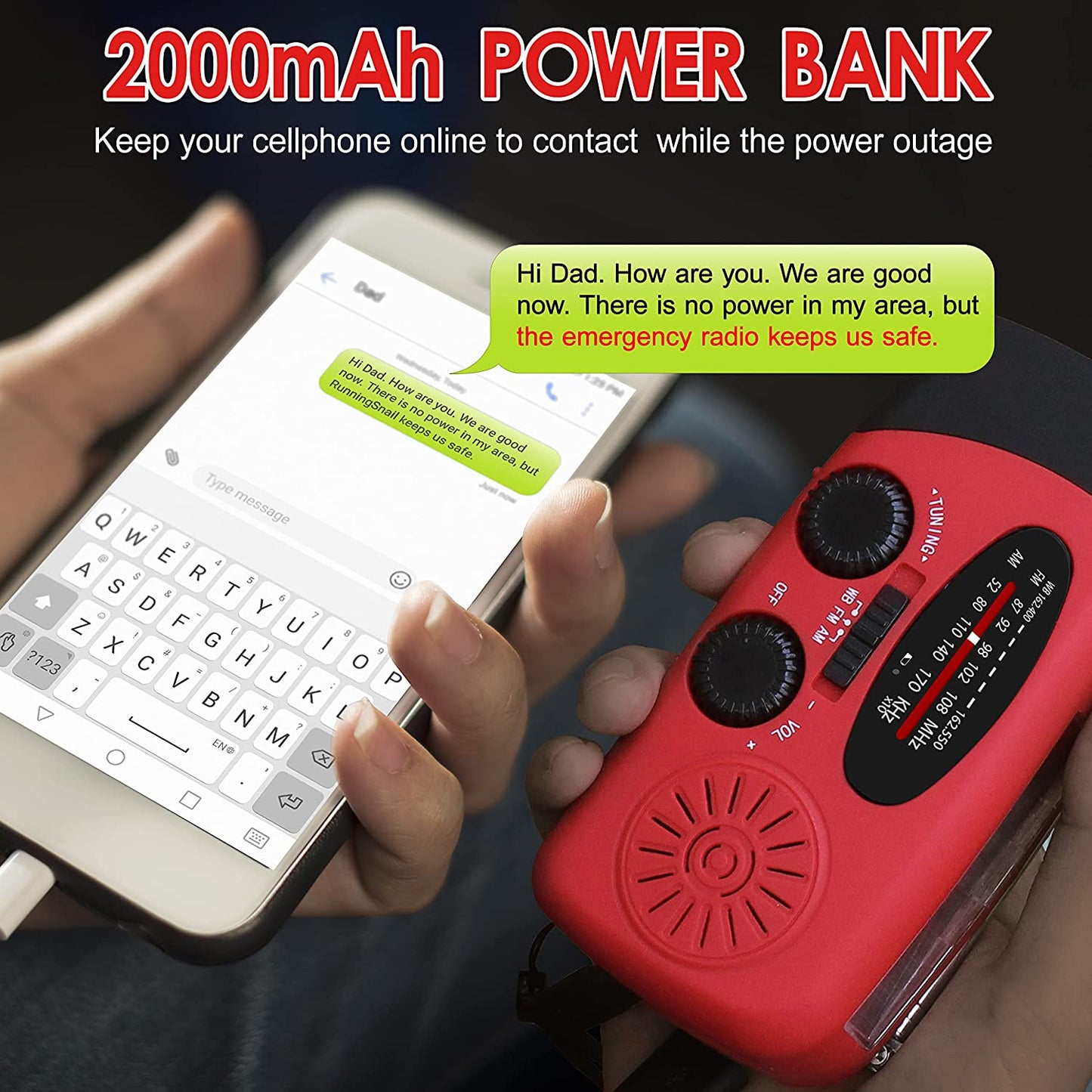 Upgraded Emergency Hand Crank Self-Powered AM/FM NOAA Solar Weather Radio - LED Flashlight and 2000mAh Power Bank for Smartphones