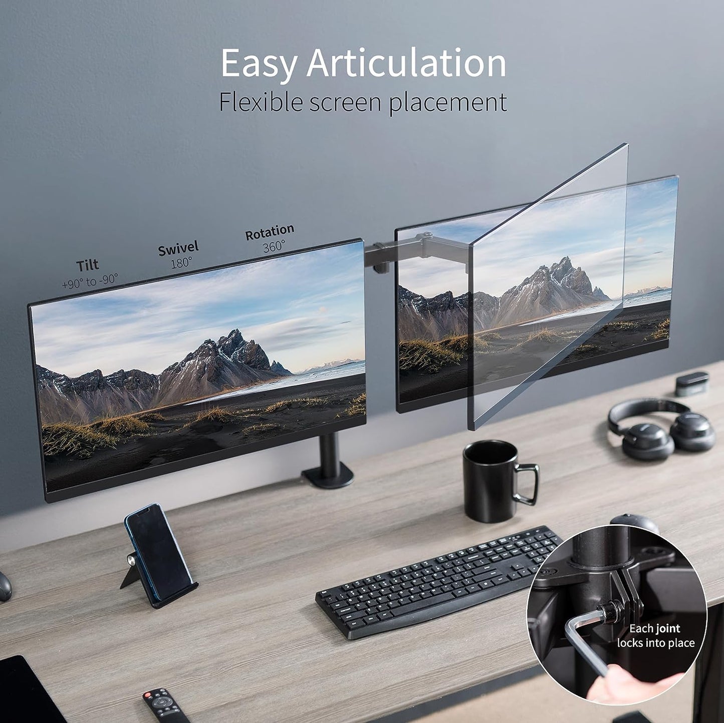 Dual Monitor Desk Mount, Heavy Duty Fully Adjustable Stand, Fits 2 LCD LED Screens up to 30 Inches, Black, STAND-V002