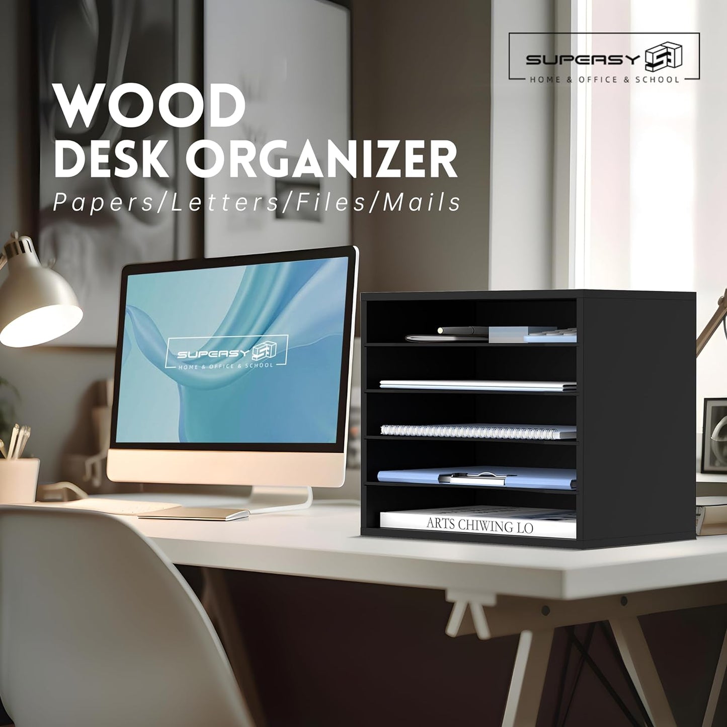 5-Tier Wooden Desk Organizer for Efficient Paper, Literature, and Mail Sorting - Black