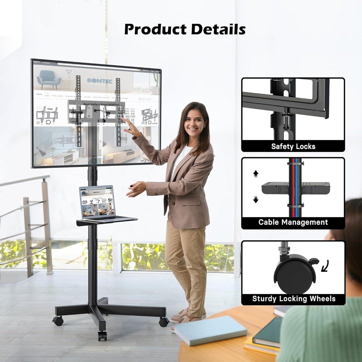 Mobile TV Stand with Adjustable Tilt, Rolling Cart and Media Shelf for 23-60” Flat & Curved TVs, 55 lbs, Max VESA 400x400 mm