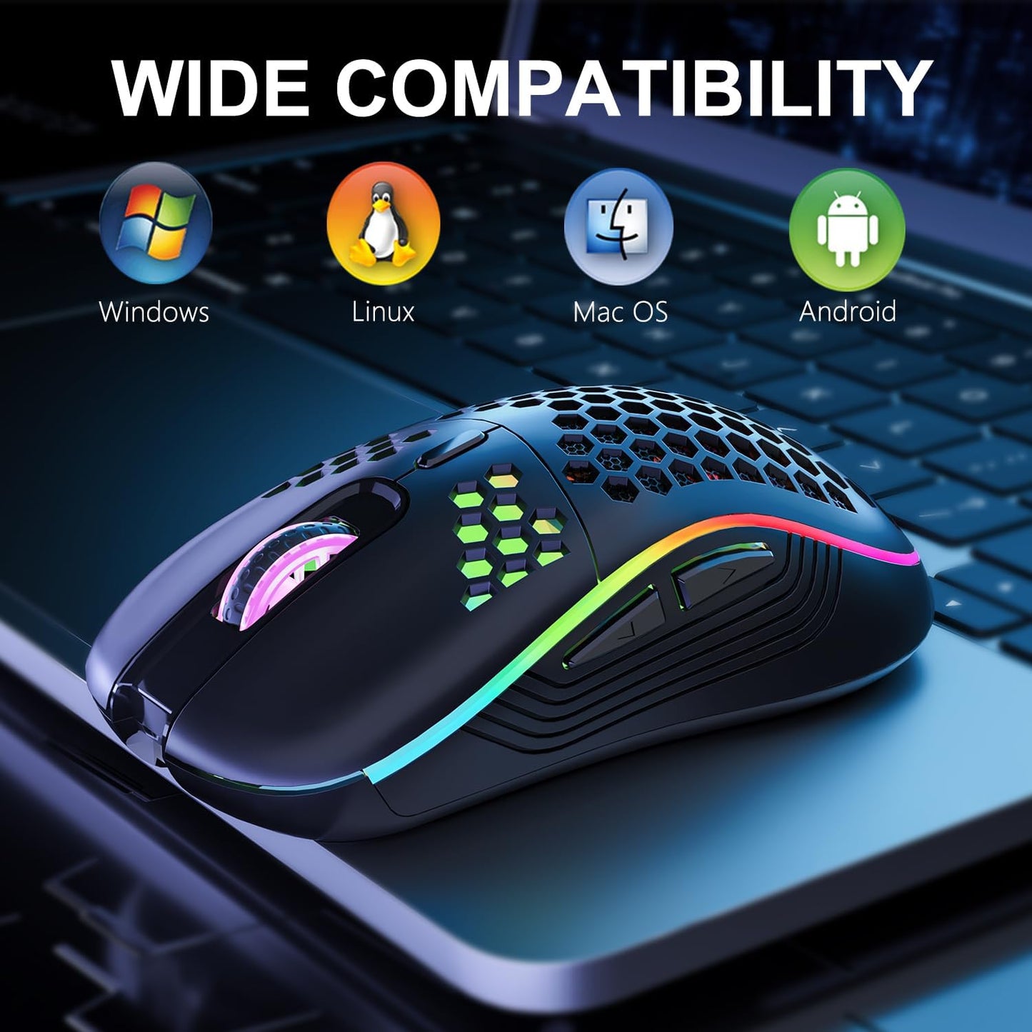 Wireless Ergonomic Gaming Mouse - Honeycomb Design, Rechargeable RGB Backlight, 2.4GHz USB Cordless Connectivity