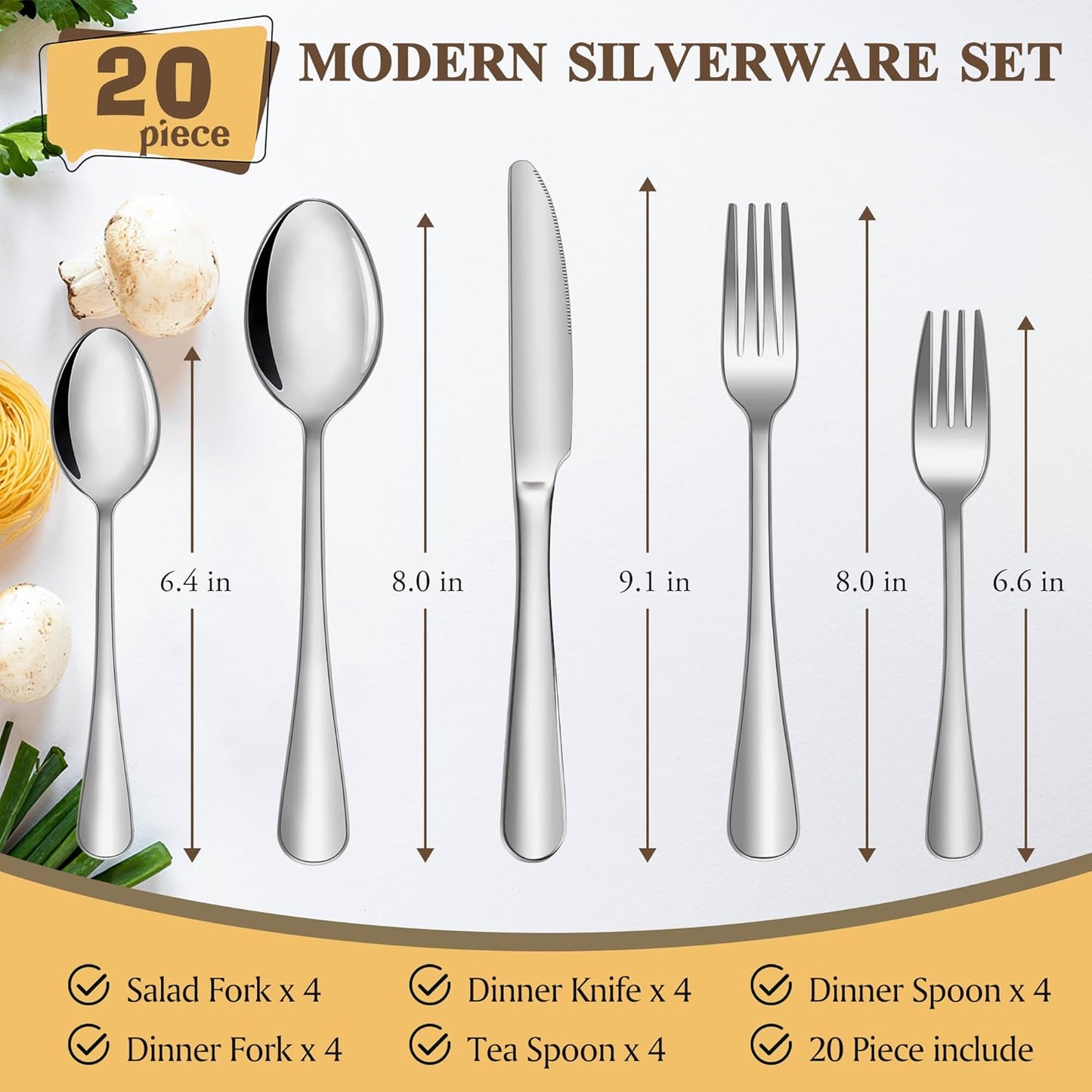 20-Piece Modern Stainless Steel Cutlery Set for 4, Includes Knife, Fork, Spoon, Mirror Polished and Dishwasher Safe