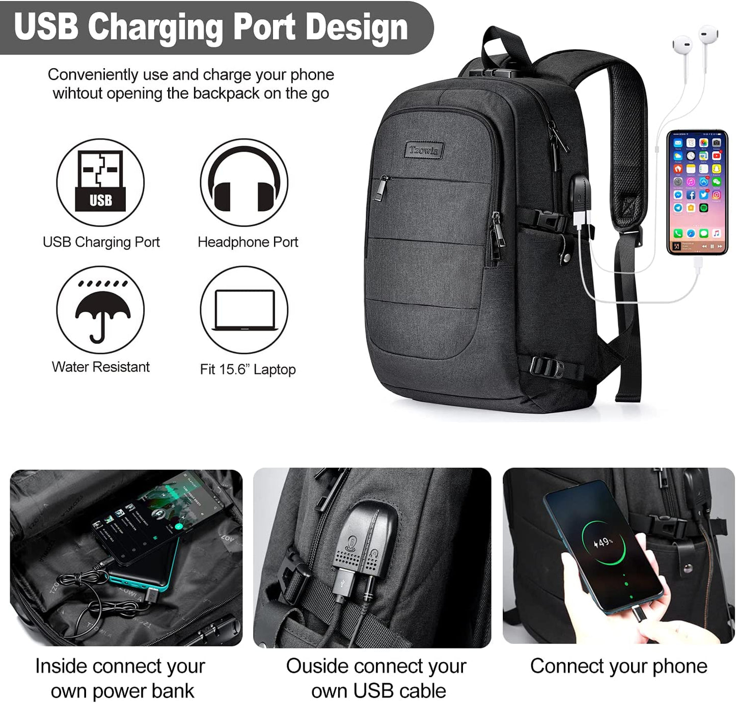 Water-Resistant Anti-Theft Laptop Backpack with USB Charging Port - 15.6 Inch Business Bag for Men and Women