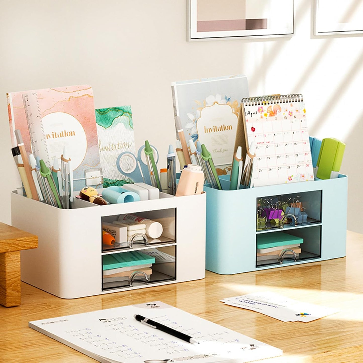 4-Section Drawer Organizer with Dual Pen Holders for Desktop Storage - Versatile Plastic Makeup and Desk Organizer for Home, School, and Office Supplies (White)