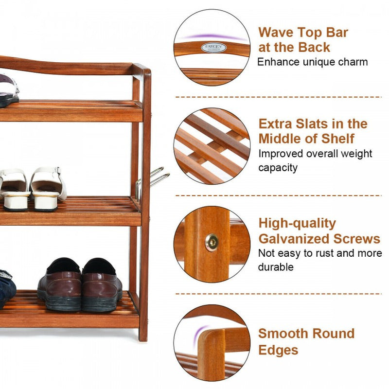 Acacia Wood Shoe Rack with 2-Tier, 3-Tier, and 5-Tier Options and Side Metal Hooks