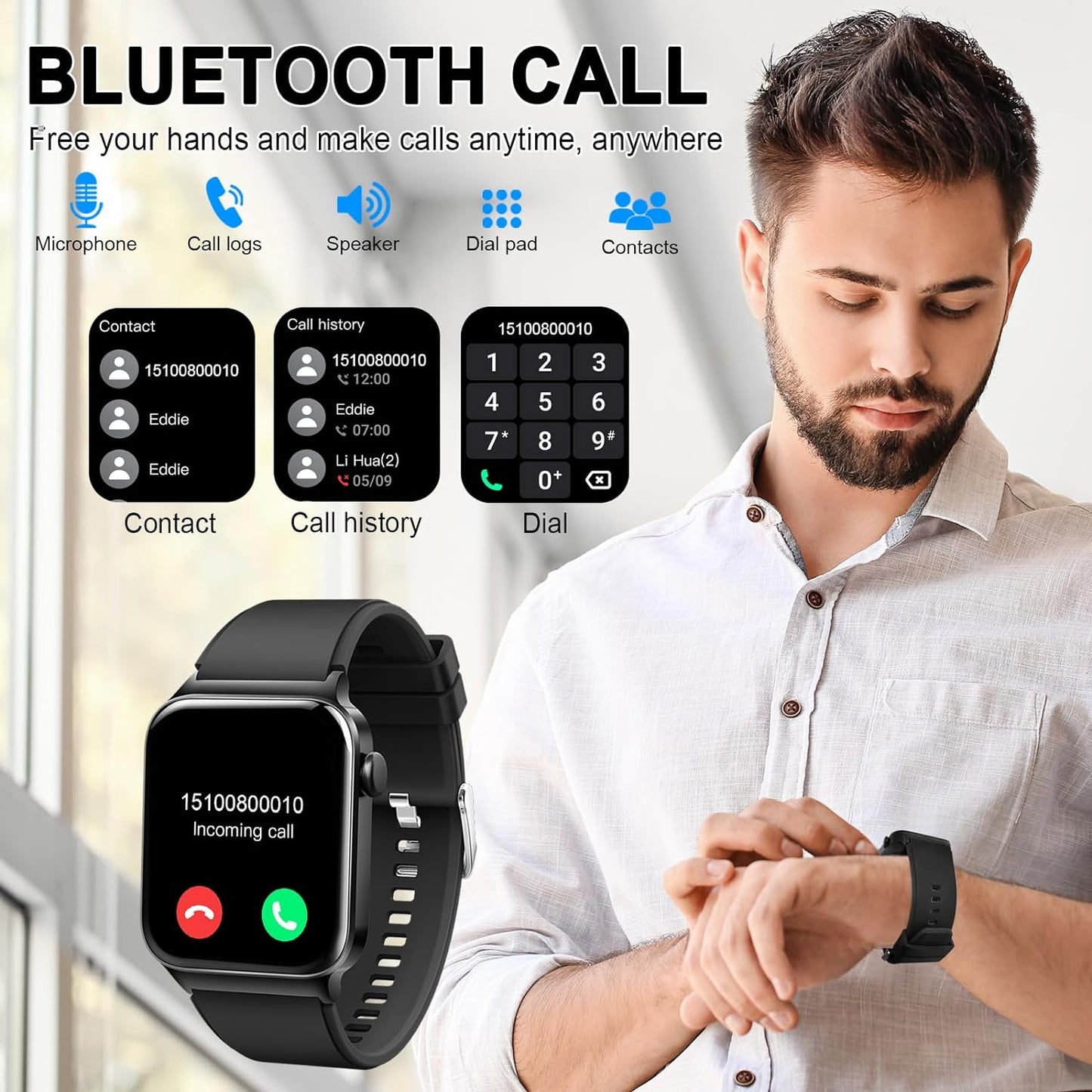 Bluetooth Smartwatch, 1.85" HD Touchscreen, 100+ Sports Modes, Heart Rate, SpO2, and Sleep Monitoring, IP68 Waterproof